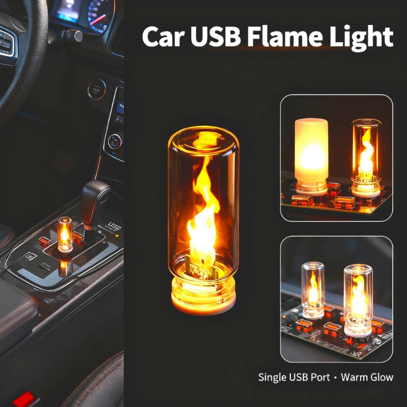 USB LED Flame Night Light - Flickering Dynamic Flame Lamp with Frosted Glass for Car Interior & Home Decor