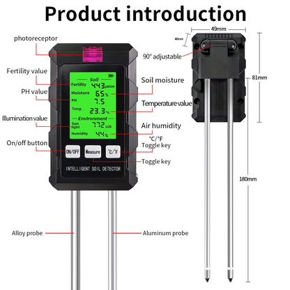 6 in 1 Soil Tester - pH, Temperature, Humidity, Sunlight, Air, Moisture & Nutrient Fertility Meter for Gardening