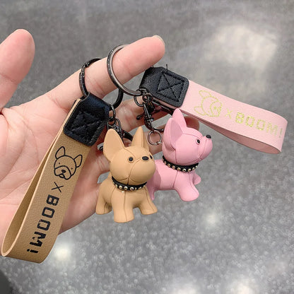 French Bulldog Keychain - Punk Style PU Leather Bag Pendant for Women & Men, Car Key Ring