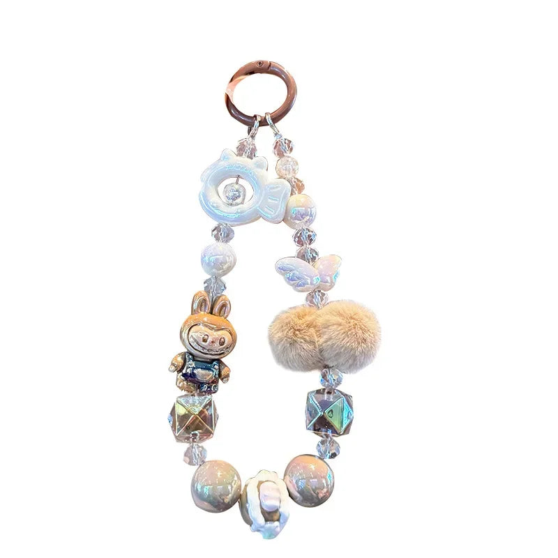 New Rabbit Hairball Beaded Mobile Phone Chain — Cute Cartoon Lanyard & Bag Pendant, Popular Gift Phone Charm for Girls