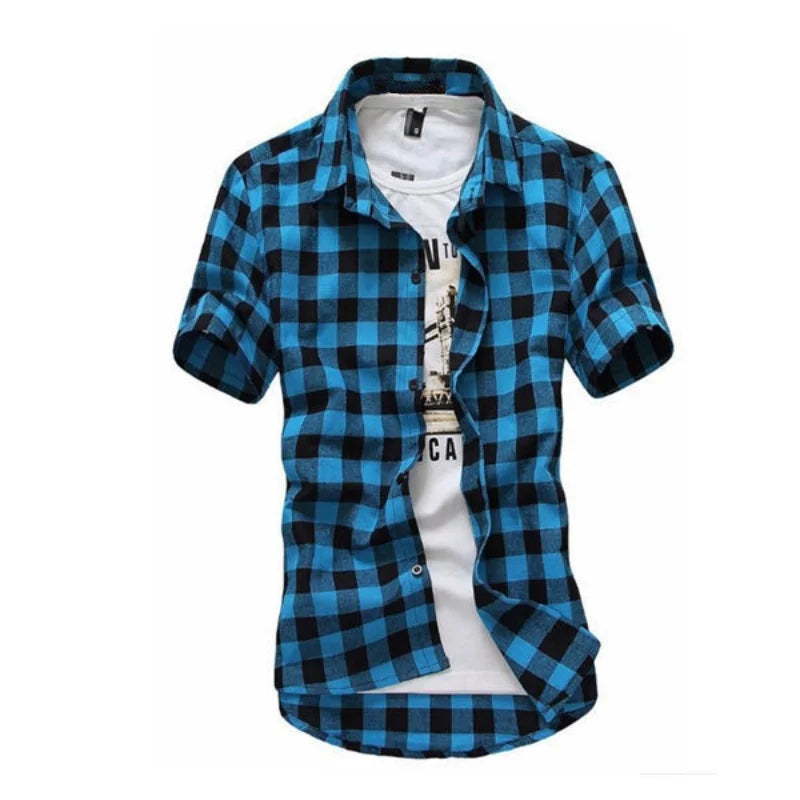 Men’s Red & Black Plaid Shirt - 2026 Summer Short Sleeve Checkered Casual Fashion Top