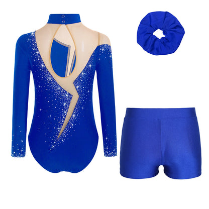 Kids Girls Long-Sleeve Ballet Leotard with Body Shorts & Hair Band — Gymnastics Dance Bodysuit
