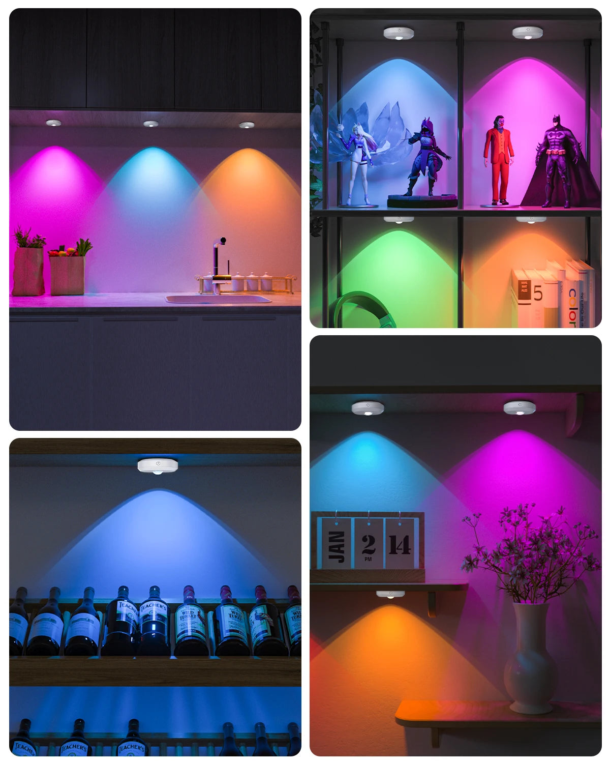 WILLED 6PCS RGB Rechargeable LED Night Lights – Remote Control, Dimmable & Timer Function for Kitchen, Cabinet & Shelf Lighting