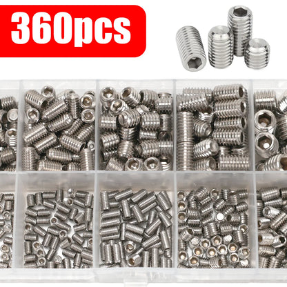 360pcs Stainless Steel Headless Hex Socket Screw Set - M3/M4/M5/M6/M8 Grub & Machine Screws