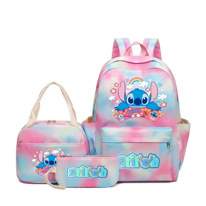 3pcs Stitch Large Capacity Backpack Set – Cartoon Schoolbag with Lunch Bag & Pencil Case for Kids & Girls