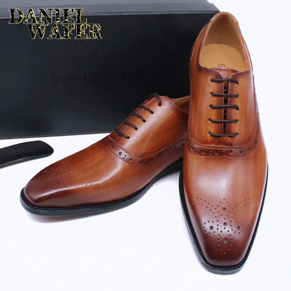 Men’s Genuine Leather Oxford Shoes - Brown and Black Snake Print Lace-Up Business Wedding Dress Shoes
