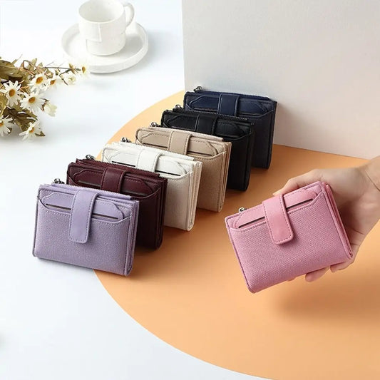 Fashionable Women’s Folding Short Wallet — High-Quality PU Leather Solid Color Purse with Zipper Coin Pocket & Card Holder