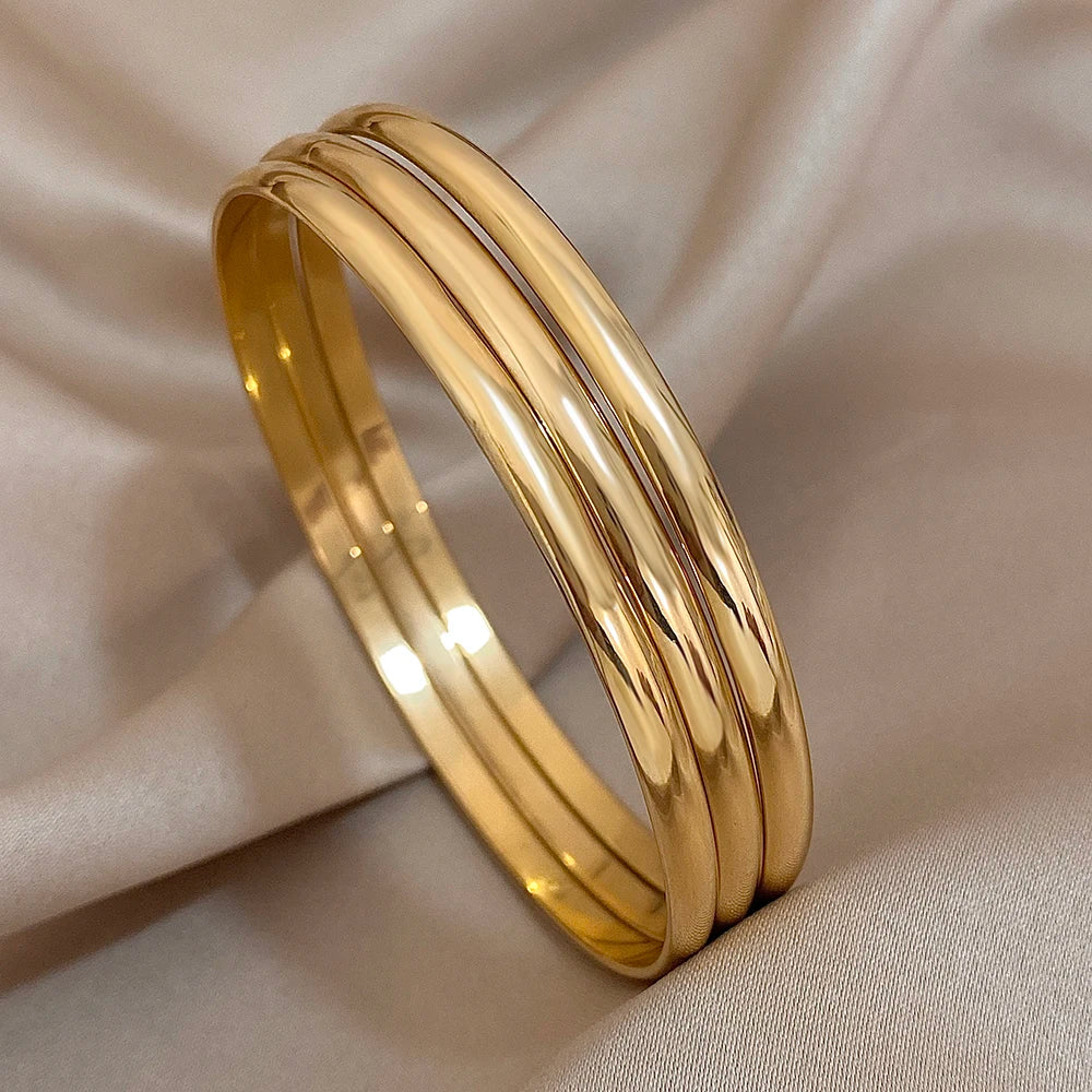 3-Piece 18K Gold-Plated Stainless Steel Bangle Set - Minimalist Glossy Waterproof Bracelets for Women