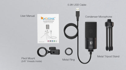 FIFINE K669 USB Condenser Microphone – Metal Recording Mic with Gain Knob for Home Studio, Podcasting & Voice-over