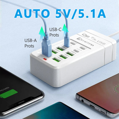 10-Port USB Fast Charger Adapter - EU UK US Plug Power Station with 6 USB-A & 4 USB-C Ports Extension Cord