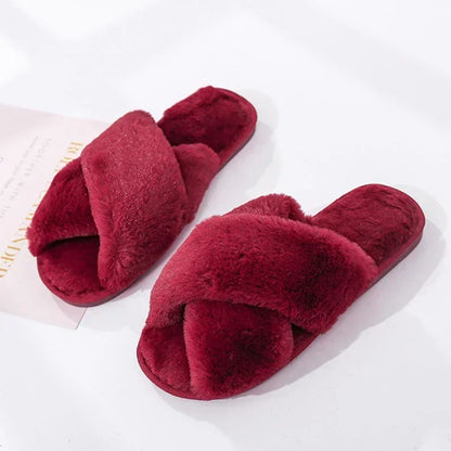 Winter Women’s House Slippers – Faux Fur Slip-On Flats, Cozy Warm Home Slides in Black & Pink