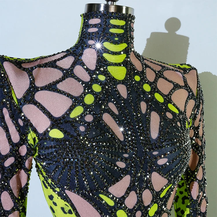 Sexy Sparkly Green Rhinestone Bodysuit – Stage Dance Costume for Party, Bar Show, Drag Queen, Cosplay & Halloween