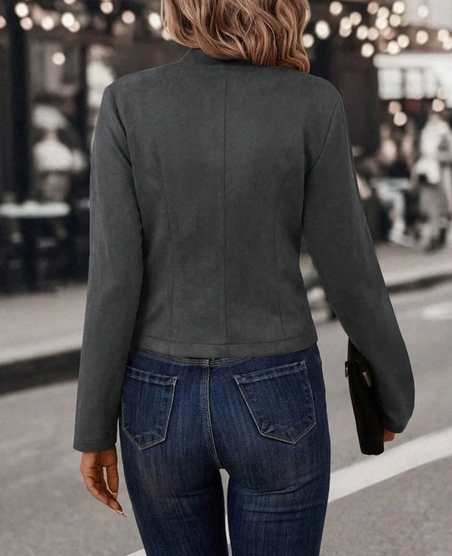 Women's Double-Breasted Blazer Coat – Stand Collar, Slim Fit, Long Sleeves Retro Jacket for Spring & Autumn