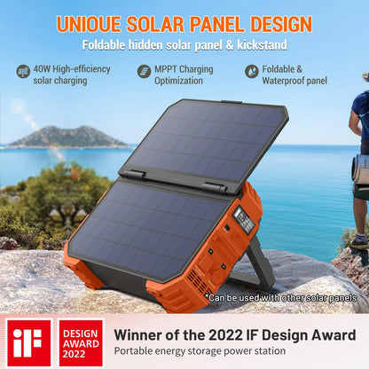 Portable 1000W Power Station with Built-in Solar Panel – 614Wh LiFePO4 Battery Pack Solar Generator with AC/DC/USB/PD