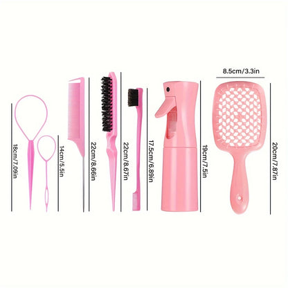 7PCS Hair Styling Kit – Detangler Brush, Bristle & Double-Sided Edge Brushes, Scalp Massager for All Hair Types, Salon Tools Set