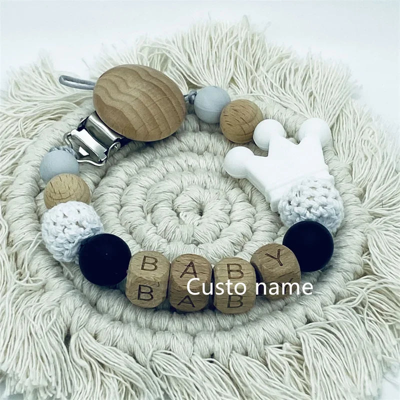 DIY Custom Name Silicone Beads & Wooden Ring Pacifier Clip – Safe Baby Teether, Eco-Friendly Dummy Chain Gift