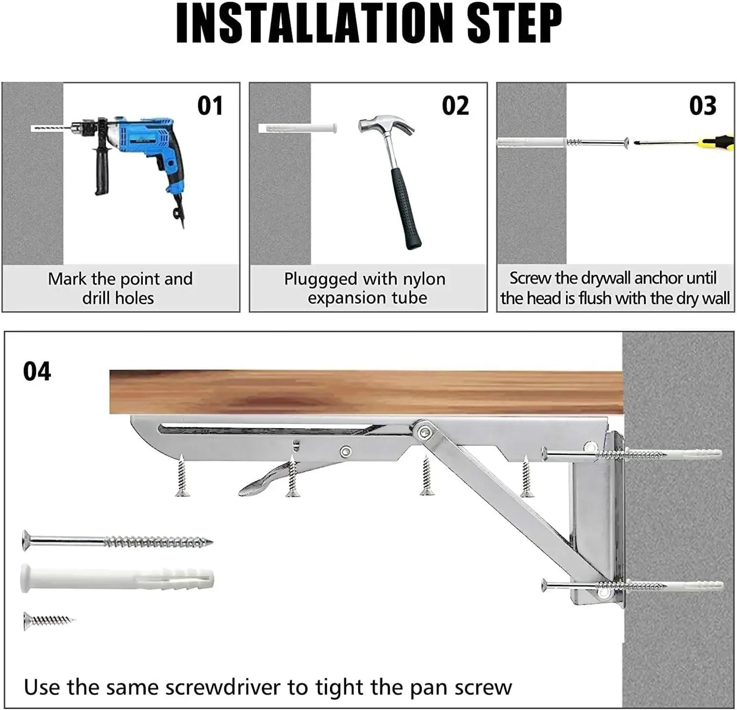 2PC Heavy-Duty Folding Shelf Brackets – Stainless Steel Wall-Mounted Collapsible Supports for Garage & Workstation