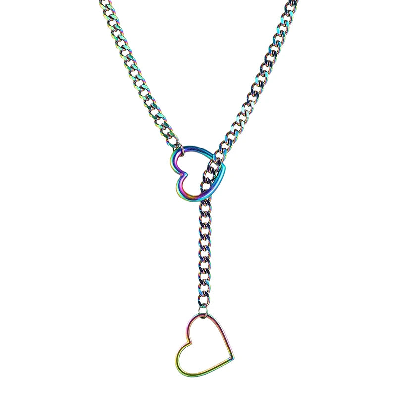 Heart O-Ring Punk Rock Necklace – Stainless Steel Cuban Chain Y-Necklace for Women
