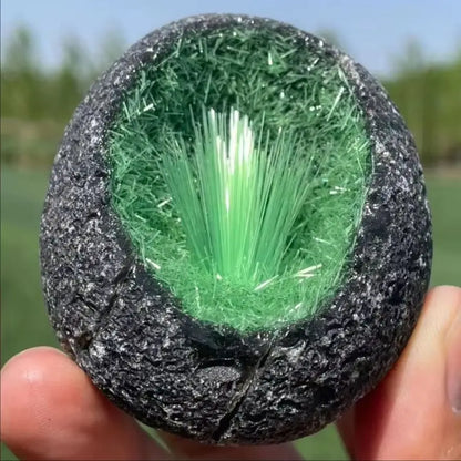 Raw Green Magnetite & Quartz Crystal Cluster - Egg-Shaped Mineral Specimen with Pyrite & Ice Crystals