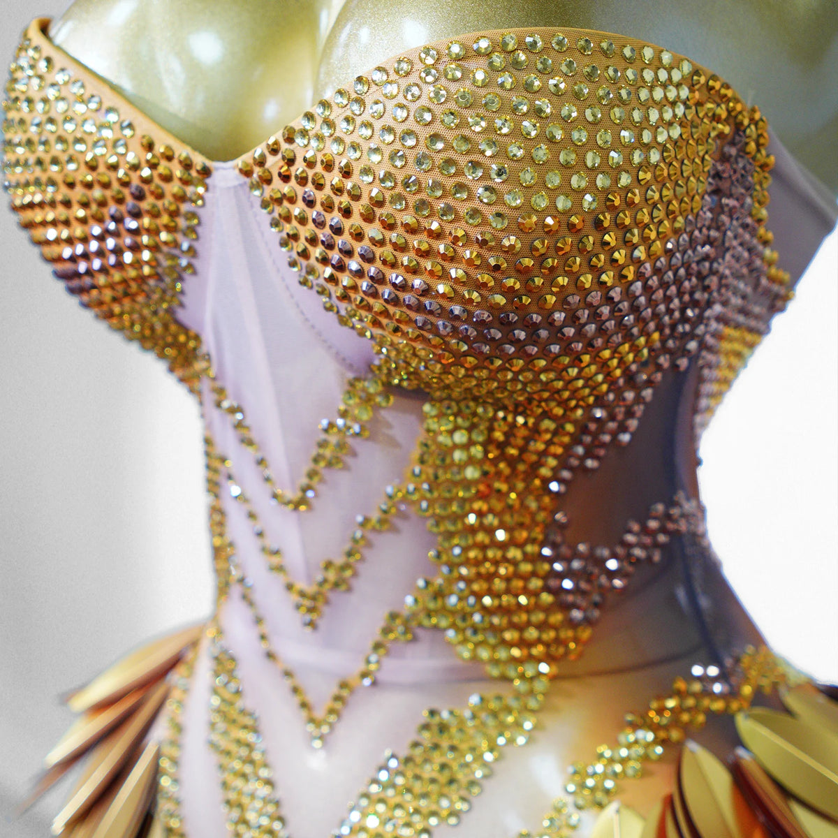 3D Gold Feather Rhinestone Split Dress - Evening Dance, Catwalk & Stage Performance Outfit