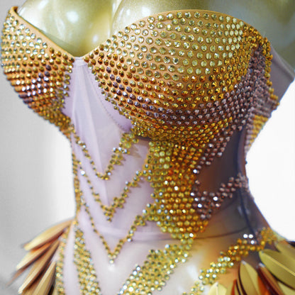 3D Gold Feather Rhinestone Split Dress - Evening Dance, Catwalk & Stage Performance Outfit