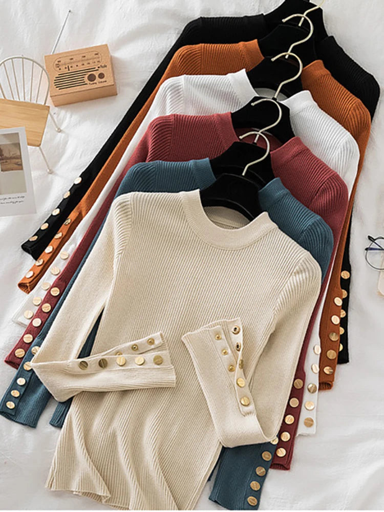 2024 Women's Thick Knit Sweater - Casual Autumn/Winter Pullovers in Khaki with Button Detail, O-Neck Chic Slim Fit Jumper Top
