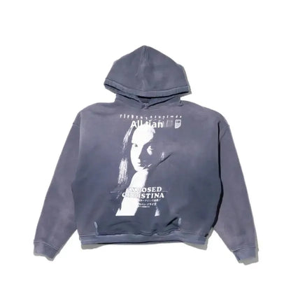 Washed Casual Hoodie Sweatshirt — Unisex Loose-Fit Street Style Crew Neck with Lip Print Letter Design, Vintage Comfortable Top