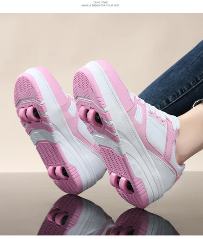 Four-Wheel Roller Shoes for Boys & Girls – Casual Outdoor Sports Sneakers with Pulleys, Slide & Shrink School Walking Shoes