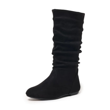 Pleated PU Women’s Fashion Boots – Casual Side-Zip Round Toe Flat High Solid Color Boots