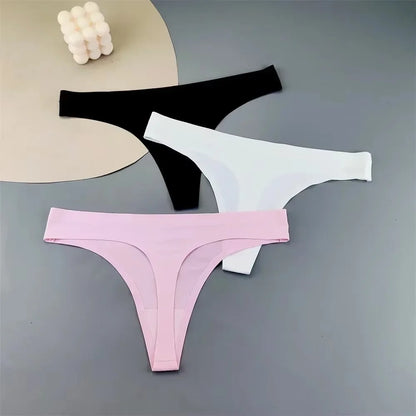 3PCS Ice Silk Seamless Thong Set for Women – Solid Low Rise Sexy G-String Sports Underwear, S-XL Sizes