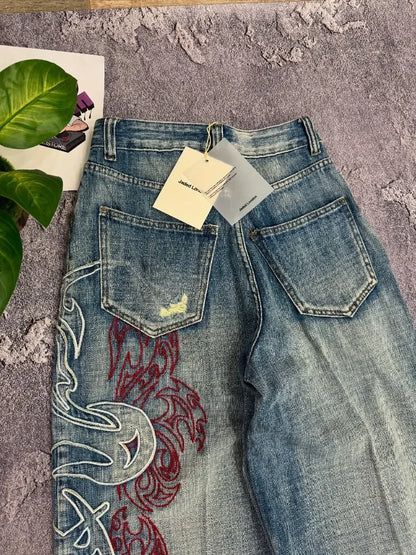 Y2K American Embroidered Baggy Jeans – Men’s Vintage Hip Hop Wide-Leg Casual Streetwear Pants