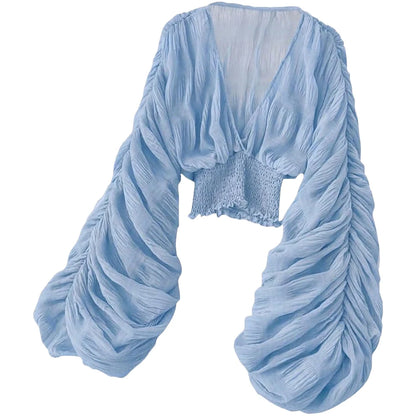 Women's Draped Chiffon Blouse - Elegant V-Neck Puff Sleeve Slim-Fit Party Top for Summer Fashion