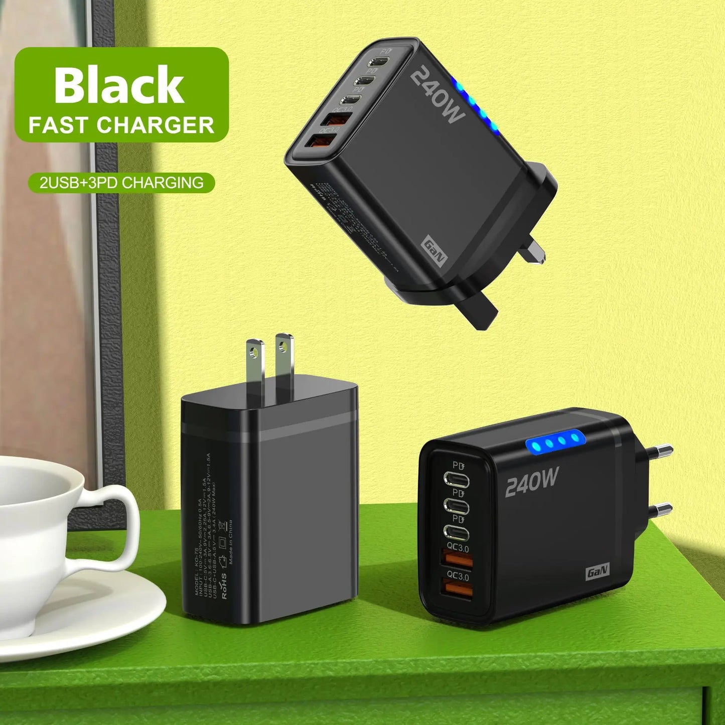 240W 5-in-1 GaN Fast Desktop Charger – USB-C Quick Charge 3.0 Adapter for iPhone Samsung Huawei