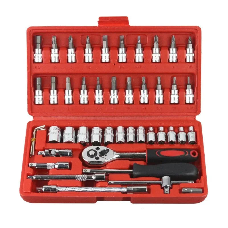 46-Piece Car Repair Tool Kit – 1/4 Inch Socket Set with Ratchet, Torque Wrench & Pry Tools for Auto Maintenance