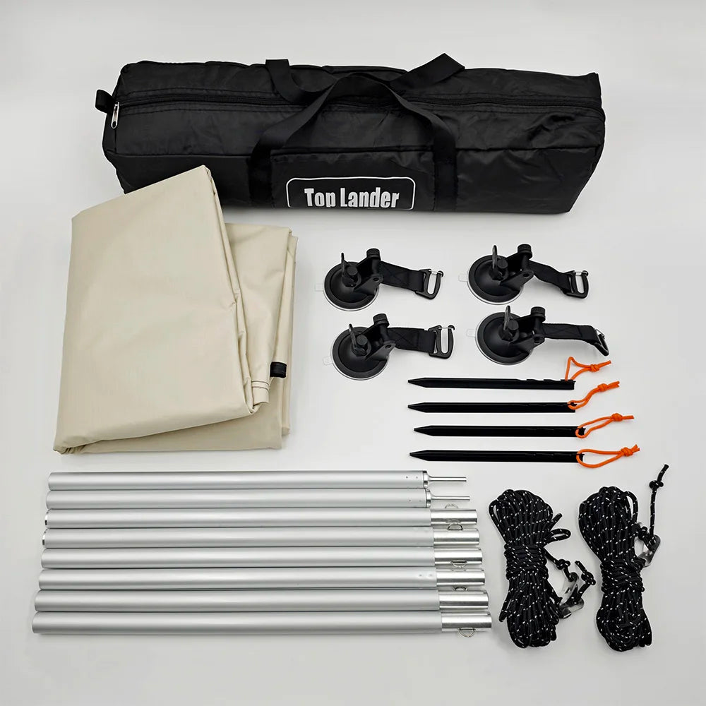 Manta Ray Car Side Awning – Black Coating Waterproof Tarp with Suction Cup Anchor for SUV Camping & Shade