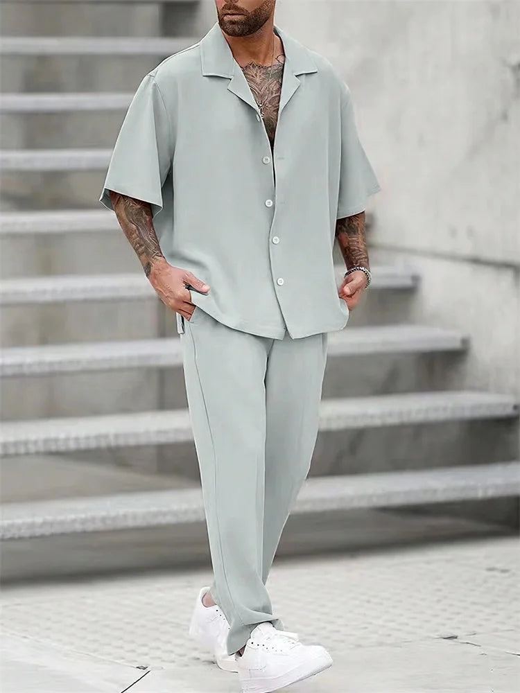 Men's Light Blue Striped Shirt Set - 3D Printed Casual Lapel Shirt for Autumn Outdoor Style