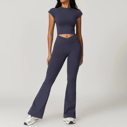 Women’s 2PCS Sportswear Yoga Set – Short Sleeve Crop Top & High Waist Leggings for Gym & Fitness