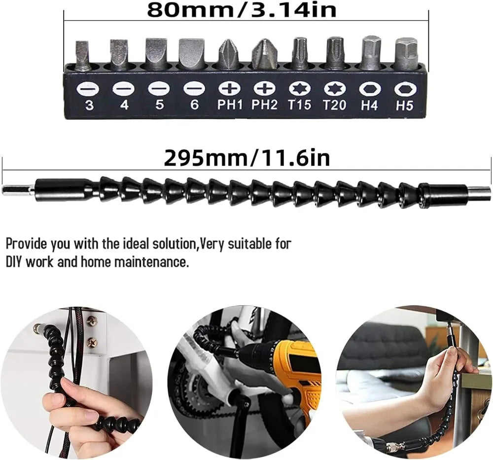 Flexible Drill Bit Extension & Right Angle Adapter Set – 105° Rotatable Hex Shank Screwdriver Bit Kit