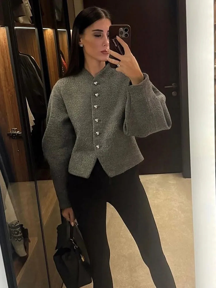 2025 Women's Burgundy Red O-Neck Woolen Coat – Casual Single-Breasted, Long Sleeve Short Jacket for Spring
