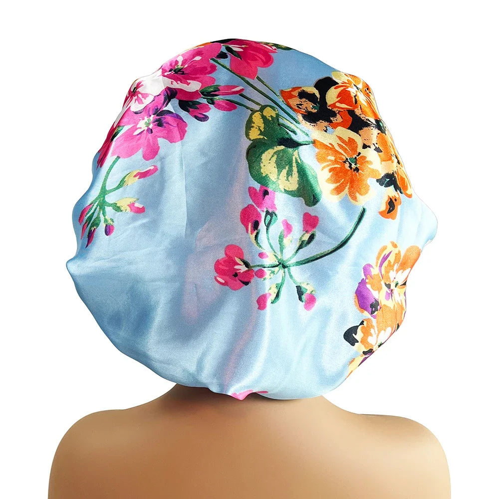 Large Satin Bonnet for Women - Flower Print Silk Sleep Cap with Elastic Band for Braids, Curly & High-Density Hair