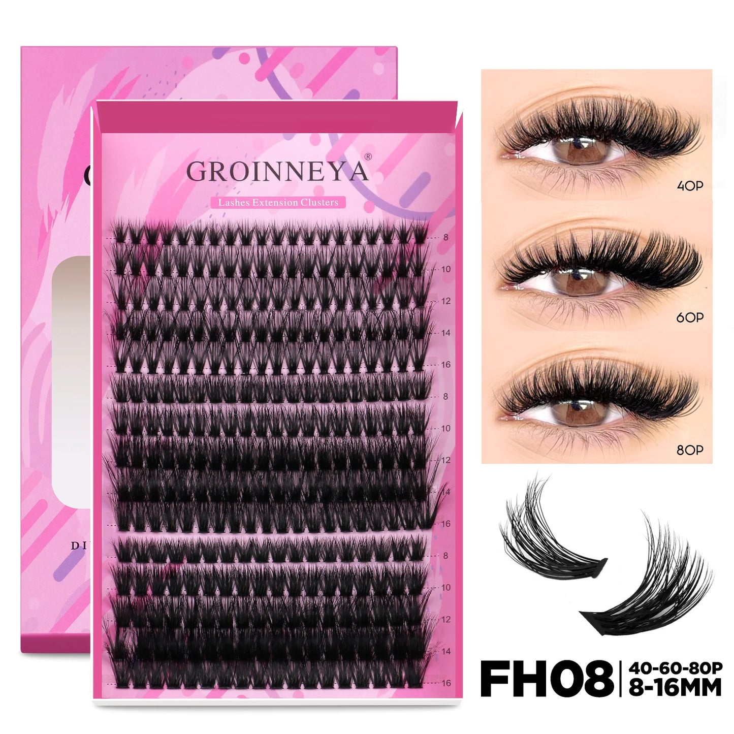 GROINNEYA DIY Lash Extension Kit – Cluster & Individual Lashes Set with Lash Bond & Seal for At-Home Eyelash Extension Makeup