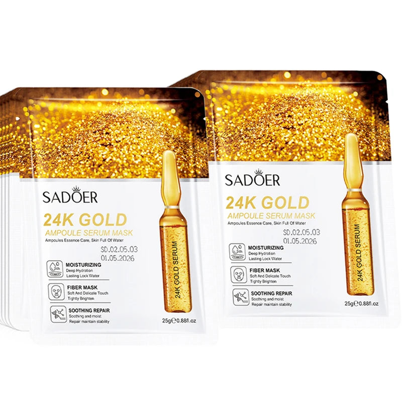 10pcs SADOER 24K Gold Face Masks – Vitamin C & Hyaluronic Acid for Moisturizing, Firming & Hydrating Skin Care