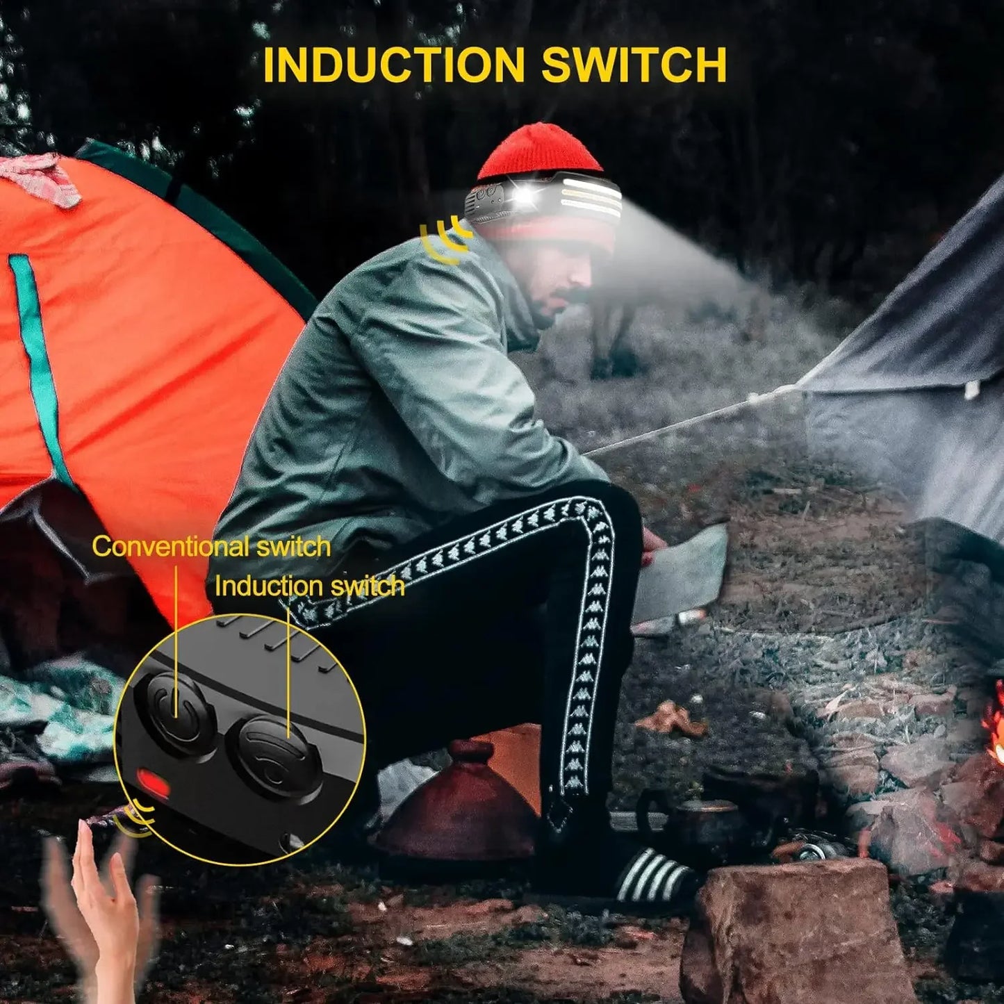 IR Motion Sensor Headlamp – USB Rechargeable Waterproof Headlight, White/Yellow/Red Light 10 Modes Ultra Bright Adjustable Beam Head Lamp for Camping & Outdoor Use