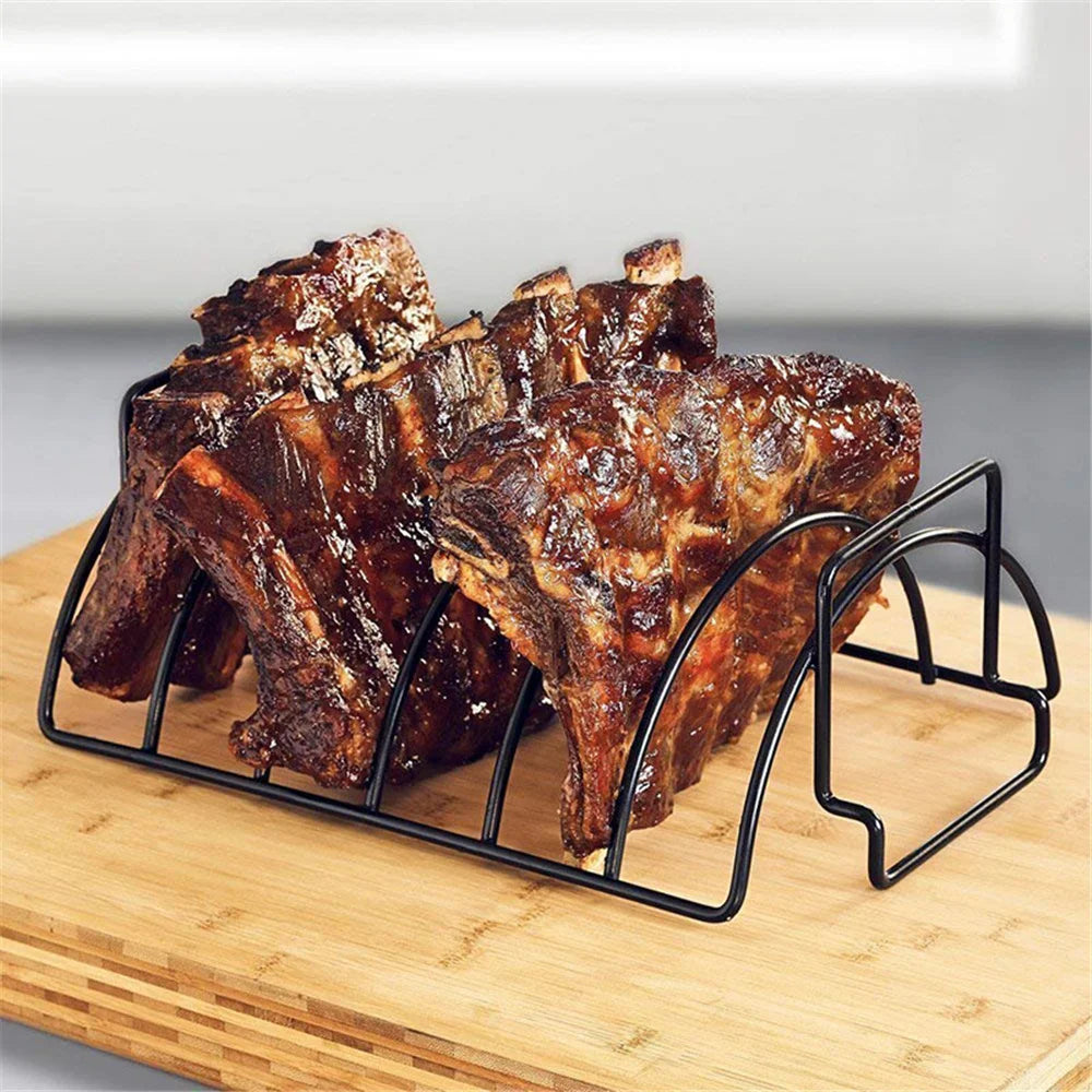 Stainless Steel Non-Stick BBQ Rib Rack Stand | Barbecue Steaks Racks for Chicken, Beef, Ribs | Black Grill for Gas Smoker BBQ Tools