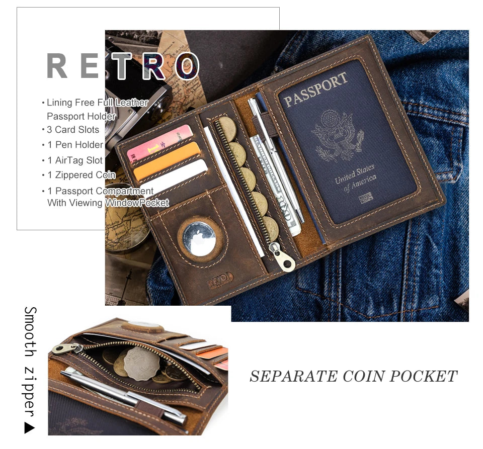 Genuine Cow Leather Passport Holder with AirTag Case – RFID Blocking Travel Wallet with Pen, Card Holder & Anti-Lost Pocket