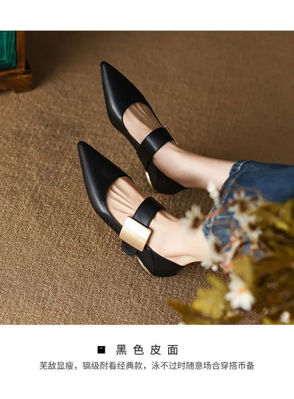 2023 Spring Women’s Suede High Thick Heel Pumps – Black & Apricot Square Toe with Metal Decoration, Elegant Lady Shoes