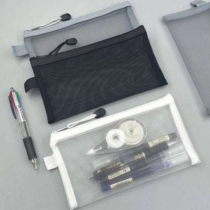 Large Transparent Mesh Pencil Case — Nylon Zip Storage Bag for School & Office Supplies