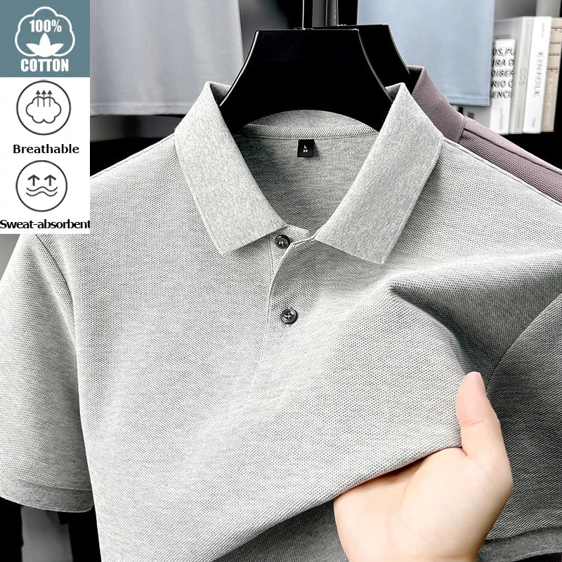 Men's 100% Cotton Polo Shirt - Breathable Summer Golf & Business Casual Tee with Silk-Like Finish
