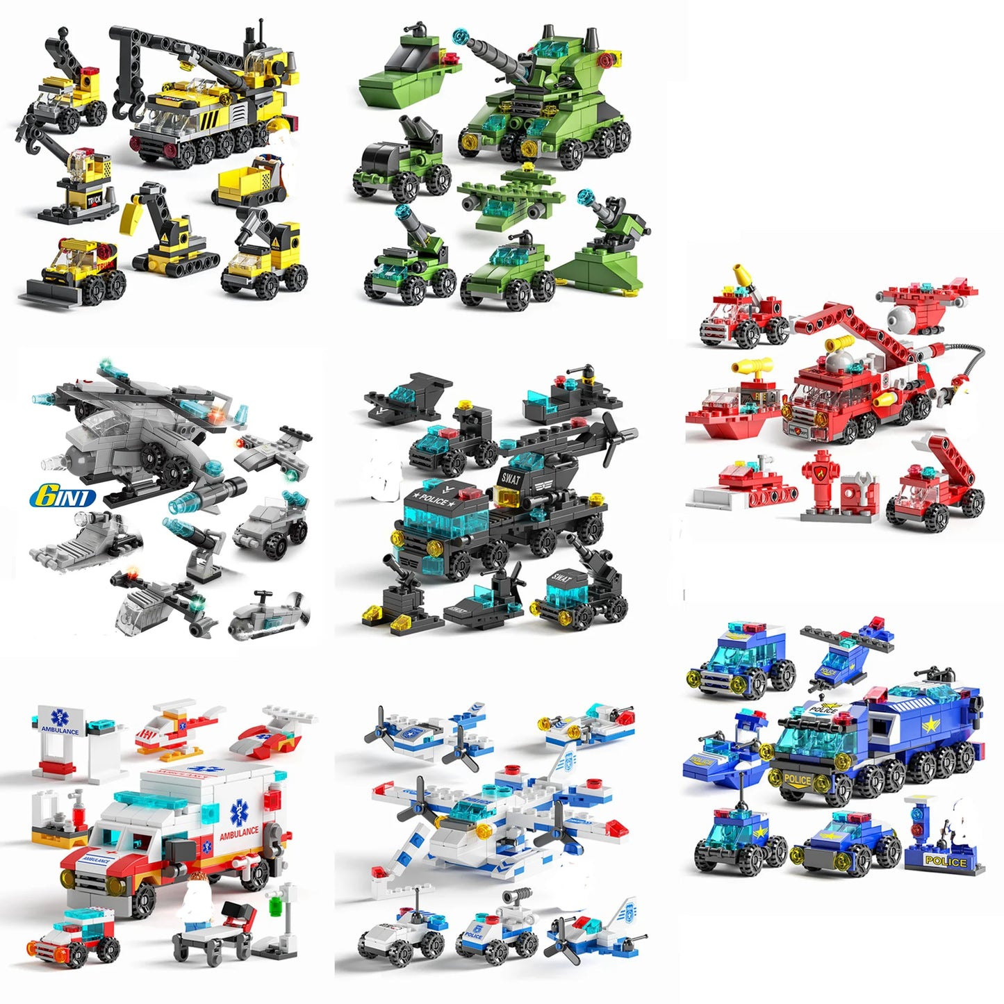 Mini 6-in-1 Building Blocks Set - Police Car, Fire Truck & Castle DIY Educational Toy