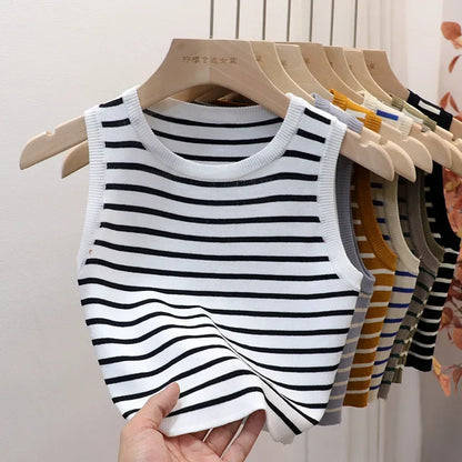 Women's Striped Sleeveless Tank Top — Knitted Crop Summer & Spring Casual Slim Fit Vest Camis
